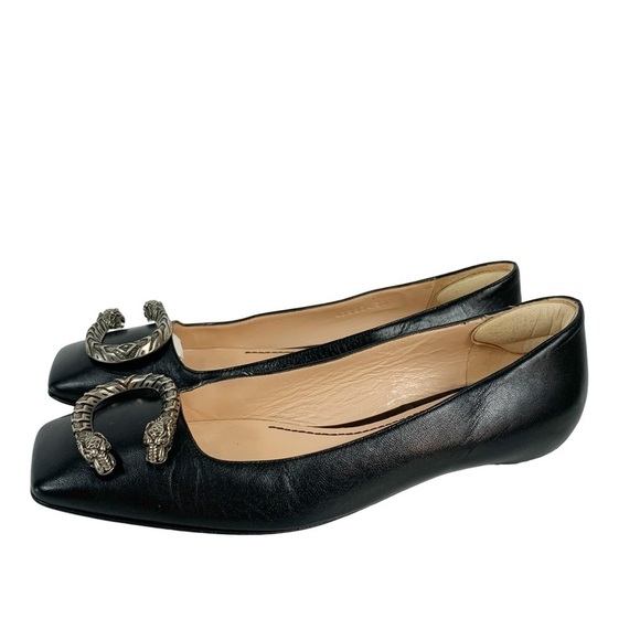 Gucci Dionysus EU 36.5 US 6.5 Black Leathe Buckle Square Toe Tiger Ballet Flats - Picture 5 of 16